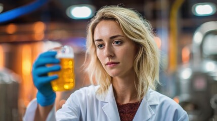 A woman in a lab coat examines a sample of beer in a brewery, showcasing the art and science of brewing.