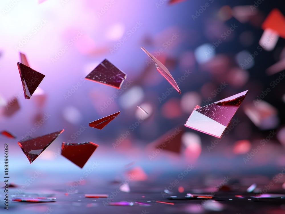 Poster red triangular fragments suspended in motion abstract background