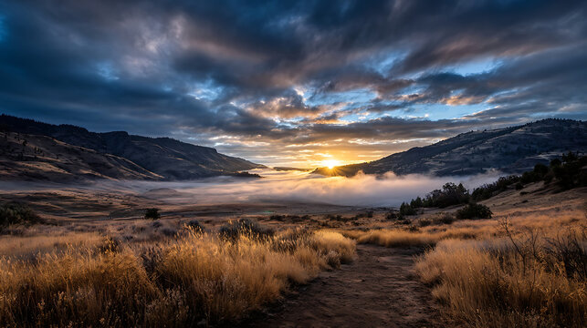 Golden sunbeams pierce through dramatic clouds over a misty valley and rolling hills sunrise dawn