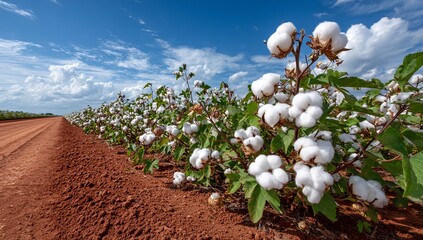 A row of white cotton flowers with green leaves on the left side, a red dirt road in front, and a blue sky background. The scene is captured from an angle, creating a beautiful landscape image.