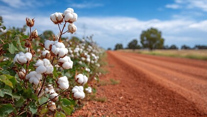 A row of white cotton flowers with green leaves on the left side, a red dirt road in front, and a blue sky background. The scene is captured from an angle, creating a beautiful landscape image.