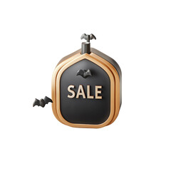 Spooky gold framed tombstone displays the word sale with bat details on transparent background