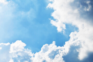 Blue sky with white fluffy cloud. Cloudscape cumulus summer soft light sky. Beautiful nature morning. Freedom of life concept.