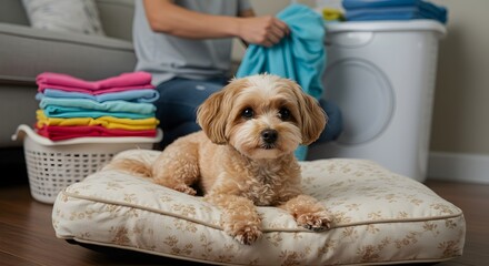 Adorable Puppy Supervises Laundry Day from its Cozy Floral Bed.