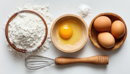 Flatlay of baking ingredients flour in a bowl, a cracked egg in a bowl, three eggs in a bowl, and a whisk on a white background