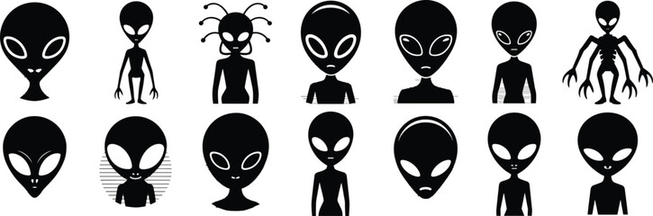 Alien silhouette set, extraterrestrial figure designs, sci-fi character vector, diverse alien shapes, head body variation, concept art icons