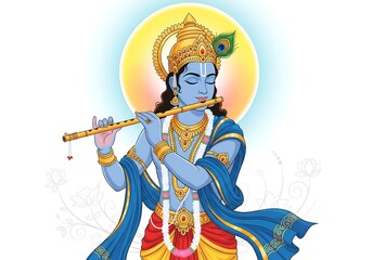 Traditional Krishna Playing Flute with Bright Radiant Backdrop