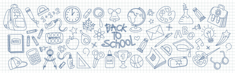 Back to school vector set with hand drawn elements on checkered notebook sheet. Fun and creative design for education themed projects.