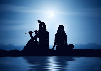 Silhouette of Krishna Playing Flute Beside River Under Moonlight