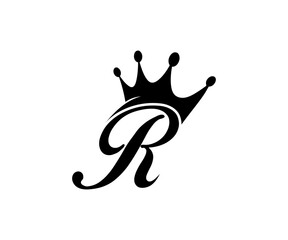 Illustration of a stylized letter r with a crown above it in black ink