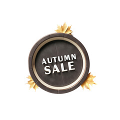Wooden circular sign featuring autumn sale inscription and leaves adorn it on transparent background