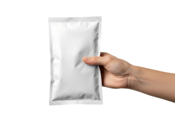Hand holding a blank white snack pouch. Food packaging mockup template. Isolated on transparent background, png
