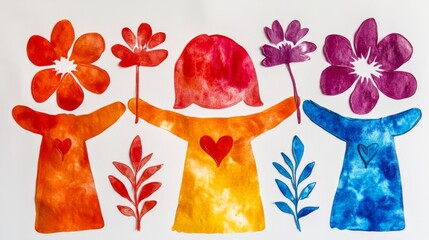 Three children holding hands and flowers. The flowers are in different colors and the children are wearing different colored shirts. Concept of unity and friendship among the children