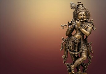 Classic Bronze Krishna Idol Against Minimal Gradient Backdrop
