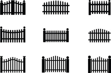 Gate silhouette collection, ornate entrance styles, pointed rounded tops, black vector set, architectural clipart, property access icons, design bundle
