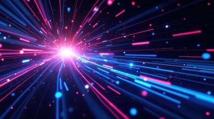 Abstract burst of glowing neon light streaks in deep space