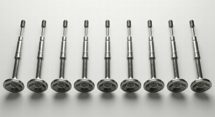 Row of Engine Valves Automotive Parts in a Studio Setting, Isolated on White