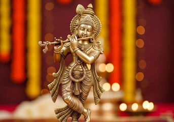 Golden Krishna Statue Playing Flute with Festive Bokeh Lights