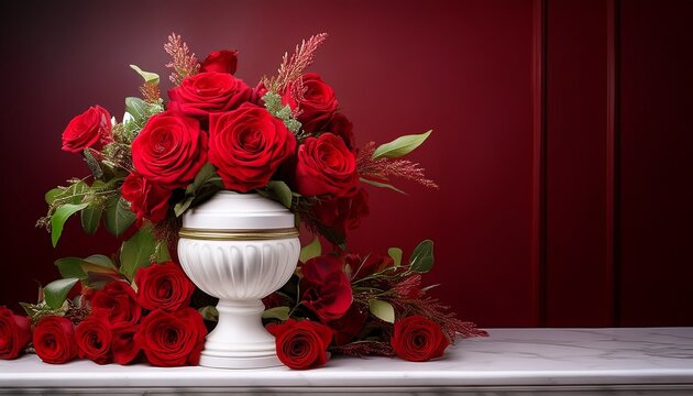 elegant floral arrangement with red roses and a white urn on a rich background for a commemorative occasion
