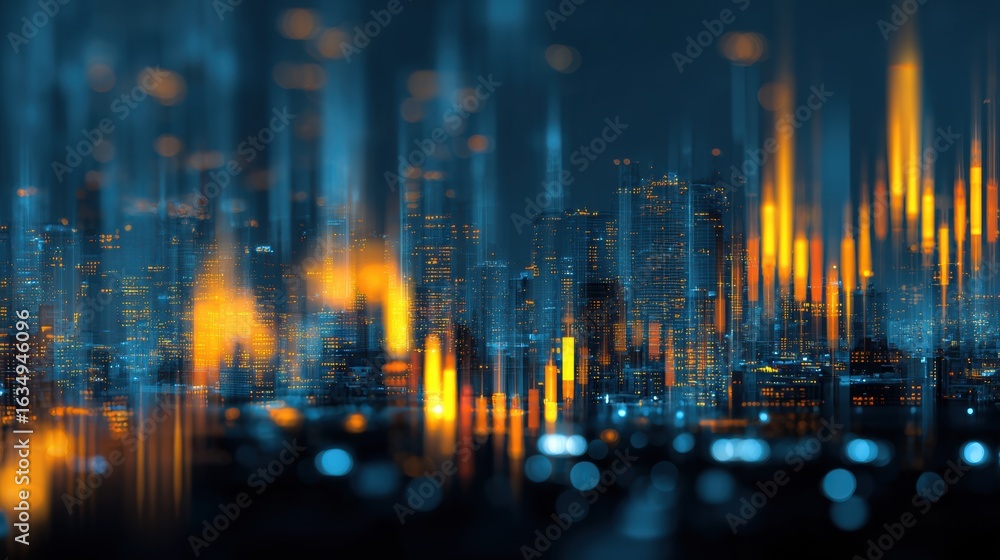 Poster abstract digital cityscape with vibrant colors representing data flow and technology in a modern urb