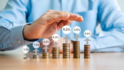 Investor, trader, investment, fund, stock market, businessman stacking coins different height with percentage for interest rating from differ investment, Financial profit return and dividend concept.