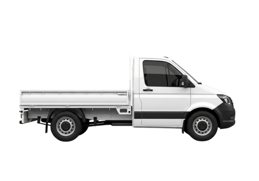 White flatbed truck, side view. Commercial delivery vehicle mockup. Isolated on transparent background, png