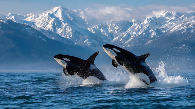 Majestic orcas breaching ocean waters against snow capped mountains killer whale