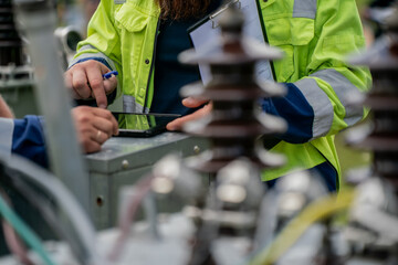 Utility workers in high visibility safety jackets using tablet device for inspection, diagnostics,...