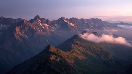 Breathtaking mountain range bathed in soft sunrise light, showcasing rugged peaks and misty valleys.