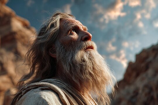 Revered Old Testament prophet Enoch long gray beard hair looking up at light symbolizing divine revelation wisdom
