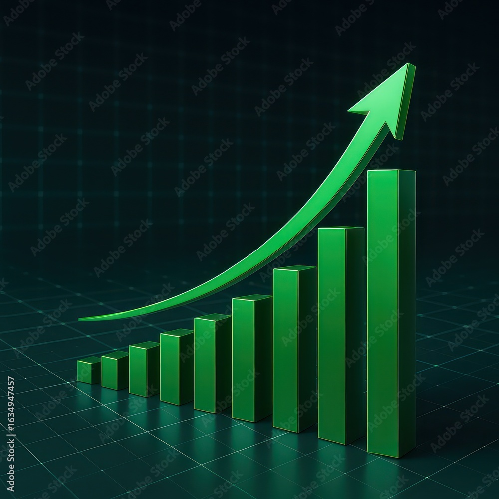 Poster visual representation of business growth, featuring a vibrant green upward arrow soaring above a ser