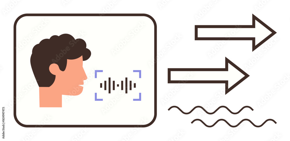 Poster profile of a person speaking with sound waves and arrows indicating communication flow. ideal for sp