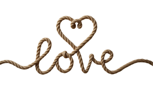 Heart shape love word made from rope isolated on transparent background