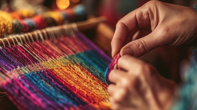 Colorful textile weaving in a vibrant workshop showcasing handcrafted art and tradition by skilled artisans