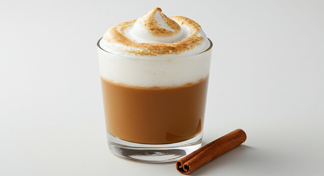 A glass serving of suspiro a la lime&ntilde;a &mdash; rich manjar blanco (dulce de leche) topped with a cloud of port wine-infused meringue. A cinnamon stick rests beside it.