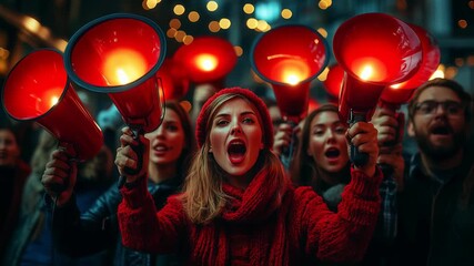 Crowd of protesters with red megaphones at night