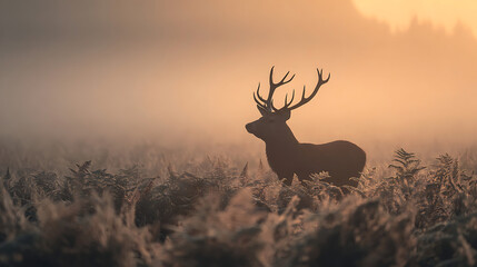 Obraz premium Majestic red deer stag silhouetted against a misty sunrise image