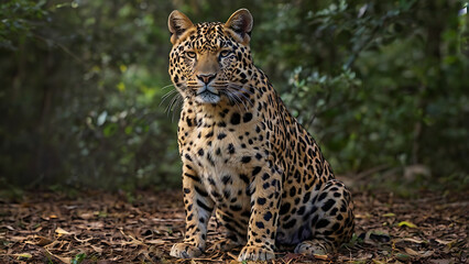 Fototapeta premium Leopard in Natural Forest Habitat – Golden Coat with Black Rosettes Captured in the Wild, Showcasing Wildlife Beauty, Dense Green Foliage, and Endangered Species Presence in Untouched, 4K image 