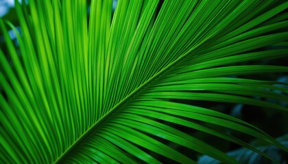 Radiant emerald palm frond displaying intricate linear patterns and textures against a subtly blurred, dark background