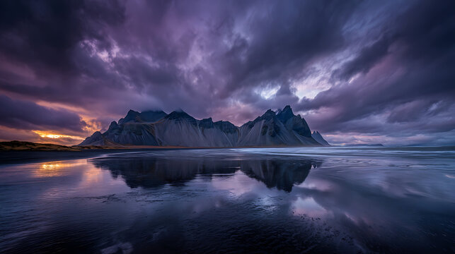 Jagged mountain range reflected in wet sand under stormy purple clouds peaks