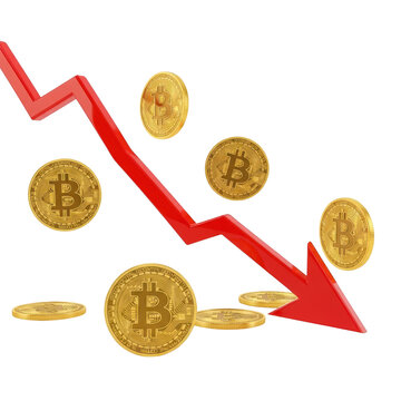3d icon of bitcoin coins with a red down arrow isolated on transparent background, showing decline