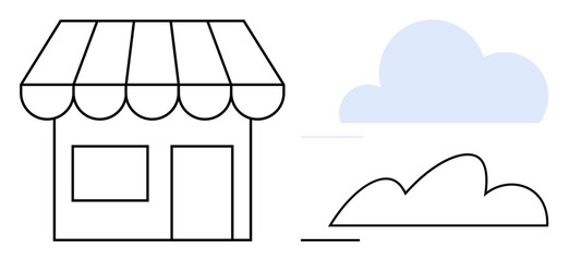 Line art of a shop facade with an awning, rectangular windows, a door, a cloud, and a shrub. Ideal for retail, local business, nature, simplicity eco-friendly logo design and community themes