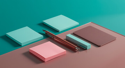 Stationery items arranged on a colored glass surface (e.g., teal or rose) with visible light reflections. Includes pen, sticky notes, and sleek notepad — minimal and futuristic, with crisp visual cont