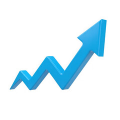 Bright blue 3d arrow chart showing upward trend and growth isolated on transparent background