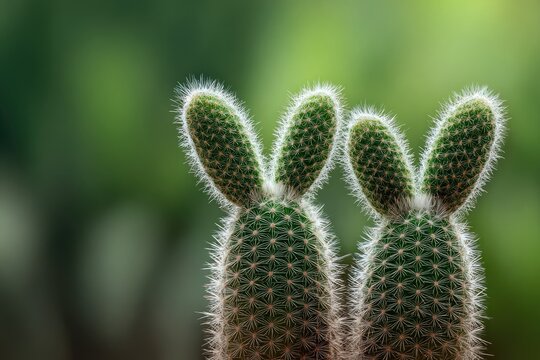 Two small cacti resembling bunny ears,  green pads, white fuzzy areoles, soft blur background