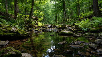 Lush green forest stream with mossy rocks and ferns image