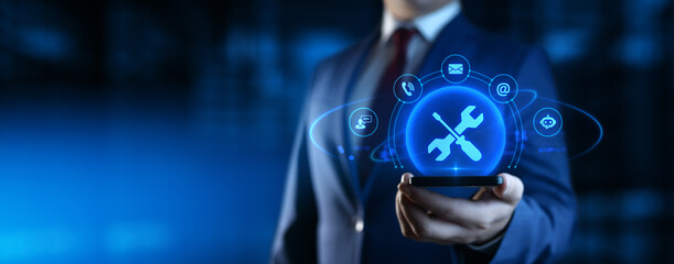 Businessman Holding smartphone with Technical Support Icons on Screen. Customer Service and Support...