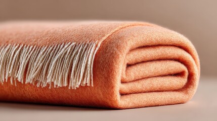 Cozy apricot-crush wool-blend throw blanket with fringed edge for stylish warmth