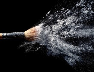 A makeup brush, with light brown handle, expels a cloud of white powder against a stark black background; the powder trails to the right in a dynamic burst