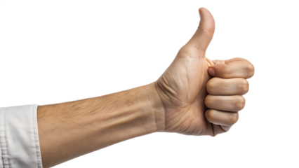 Mans hand showing a thumbs up sign, isolated on a transparent background, conveying positivity and success